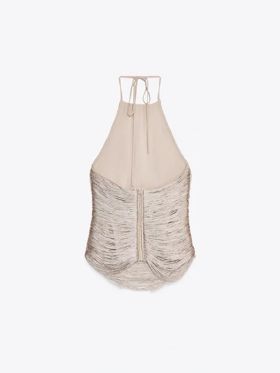 Zara Sleeveless Fringe Shimmer Halter Top in Champagne Pink - Picture 6 of 7